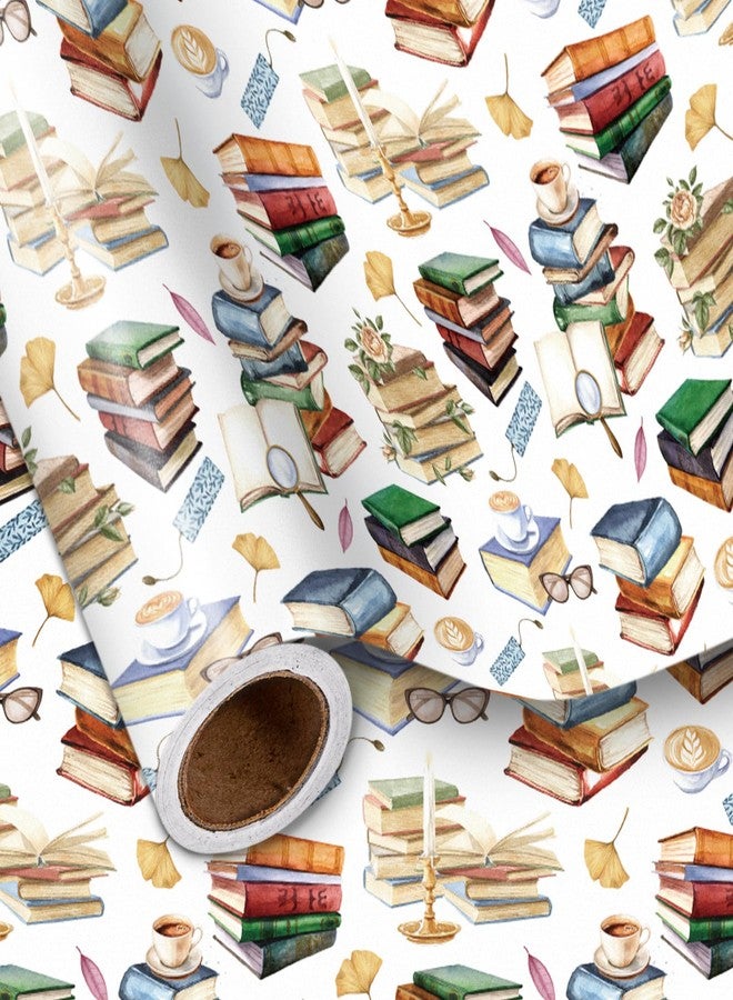 LeZakaa Book Wrapping Paper Roll, Colorful Book Design for Birthday Party Favors Warm House Gift Wrap for Book lover, Bookworm, Librarian, Teacher, Back-to-school Presents, Mini Roll, 17 in x 16.4 ft - Image 1
